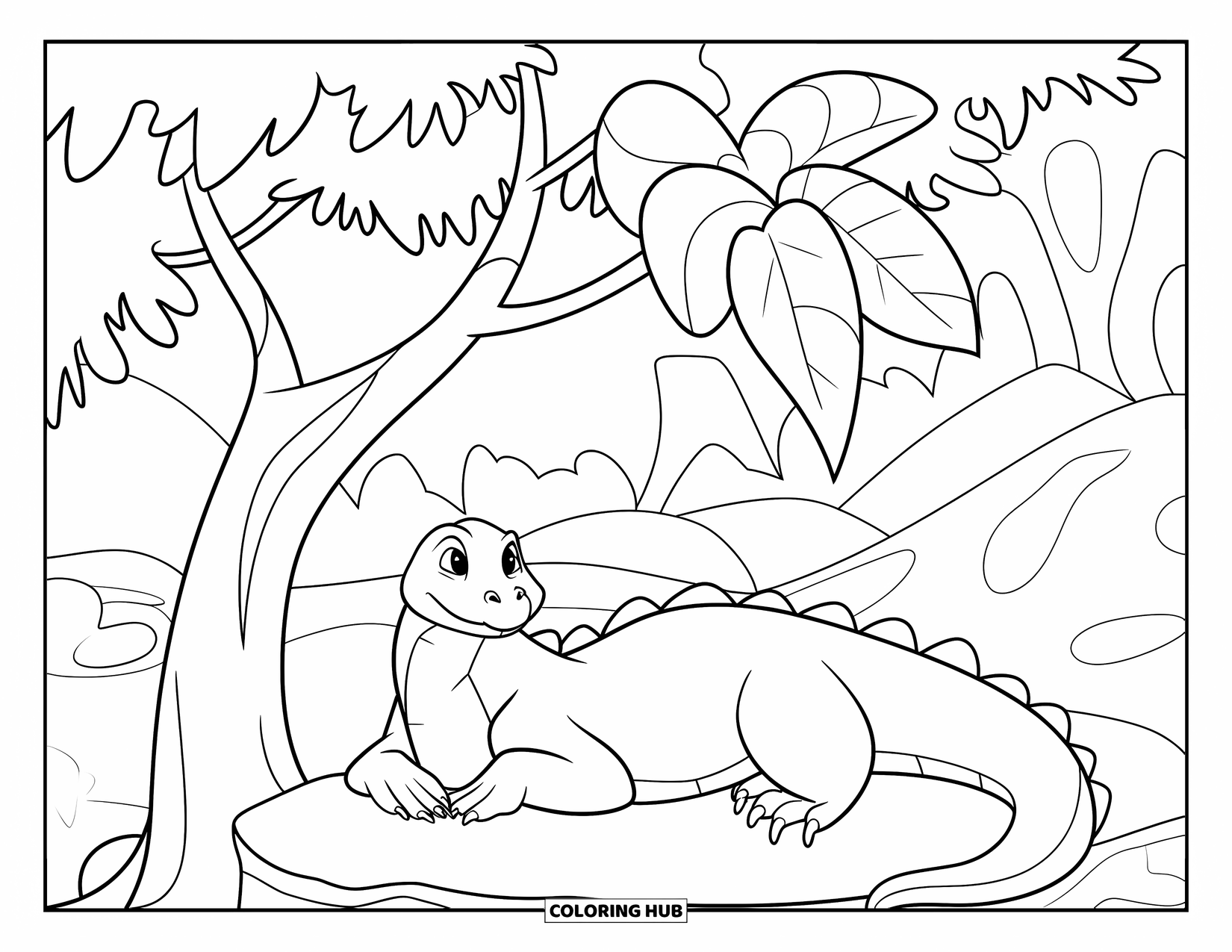 Komodo Dragon Coloring Page for Kids: Komodo dragon lounges on a stone under leafy trees and rocks