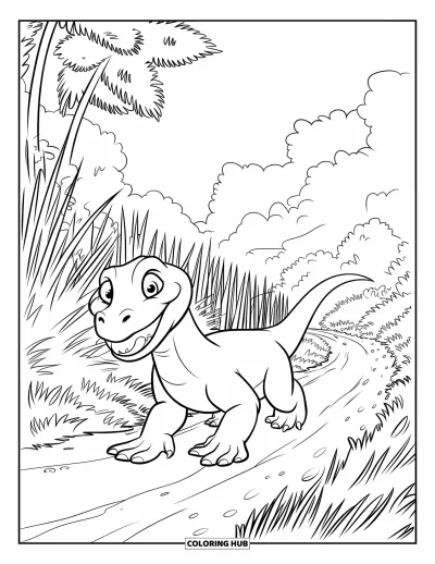 Komodo-Drachen-Ausmalbild für Kinder: Ein Komodo-Drache marschiert durch hohes Waldgras unter einem hellen Himmel
