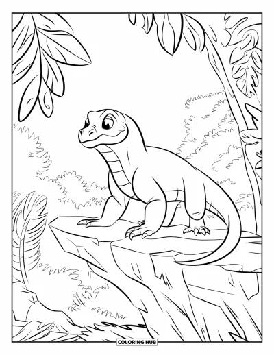 Komodo-Drachen-Ausmalbild für Kinder: Ein Komodo-Drache sitzt wachsam auf einem Felsvorsprung, umrahmt von Dschungelblättern