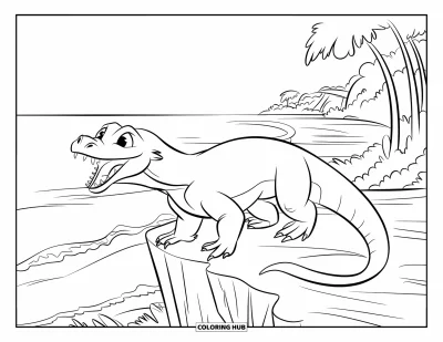 Komodo-Drachen-Ausmalbild für Kinder: Ein Komodo-Drache thront auf einer Klippe über Meereswellen und Tropenbäumen