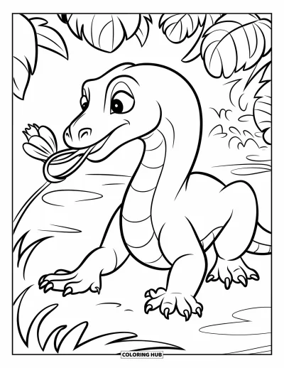 Komodo-Drachen-Ausmalbild für Kinder: Ein Komodo-Drache streckt die Zunge in Richtung einer Blume im Grün