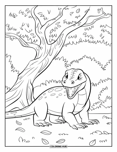 Komodo-Drachen-Ausmalbild für Kinder: Ein Komodo-Drache ruht unter einem knorrigen Baum mit Blättern und einem Dschungelhintergrund