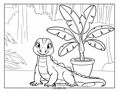 Komodo-Drachen-Ausmalbild für Kinder: Ein Komodo-Drache ruht neben einem Topf mit Bananenblatt im Dschungel