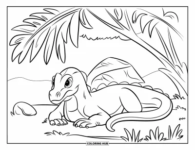 Komodo-Drachen-Ausmalbild für Kinder: Ein Komodo-Drache ruht neben einem Baum mit großen Blättern und einem Stein in der Nähe