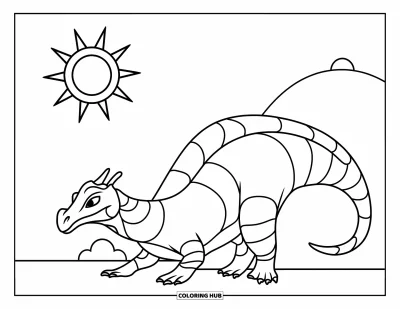 Komodo-Drachen-Ausmalbild für Kinder: Ein Komodo-Drache sitzt neben einem Hügel mit der Sonne darüber