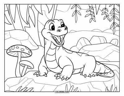 Komodo-Drachen-Ausmalbild für Kinder: Ein Komodo-Drache sitzt auf einem Felsen mit Pilzen in einem üppigen Dschungel