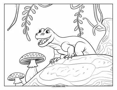 Komodo-Drachen-Ausmalbild für Kinder: Ein Komodo-Drache sitzt auf einem strukturierten Felsen mit Ranken und Pilzen in der Nähe