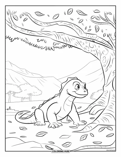 Komodo-Drachen-Ausmalbild für Kinder: Ein Komodo-Drache sitzt auf Felsen unter belaubten Bäumen mit Bergen in der Ferne