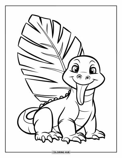 Komodo-Drachen-Ausmalbild für Kinder: Ein Komodo-Drache sitzt mit herausgestreckter Zunge neben einem großen Tropenblatt