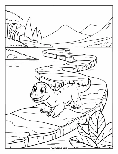 Komodo-Drachen-Ausmalbild für Kinder: Ein lächelnder Komodo-Drache spaziert einen geschwungenen Inselpfad durch üppiges Grün