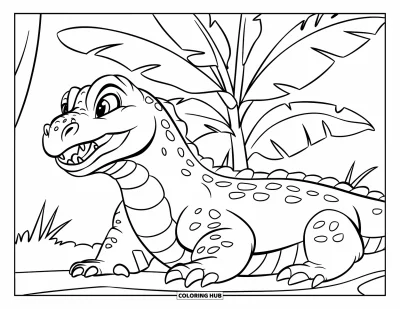 Komodo-Drachen-Ausmalbild für Kinder: Ein Komodo-Drache faucht neben einer Bananenpflanze im Dschungel