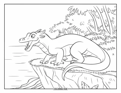 Komodo-Drachen-Ausmalbild für Kinder: Ein Komodo-Drache faucht von einer Klippe umgeben von ruhigem Meer und Grün