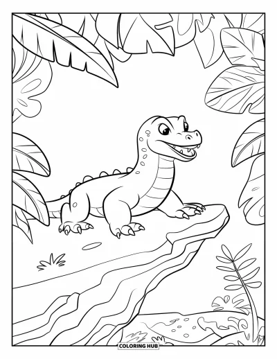 Komodo-Drachen-Ausmalbild für Kinder: Ein Komodo-Drache faucht auf einem belaubten Felsvorsprung im Dschungel