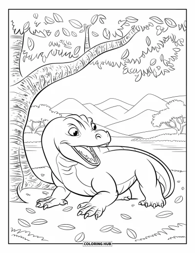 Komodo-Drachen-Ausmalbild für Kinder: Ein Komodo-Drache faucht unter einem großen Laubbaum in einer ruhigen Berglandschaft