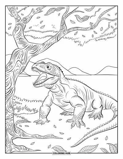 Komodo-Drachen-Ausmalbild für Kinder: Ein Komodo-Drache faucht unter einem Baumkronendach mit Blättern und strukturierter Rinde