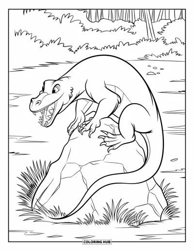 Komodo-Drachen-Ausmalbild für Kinder: Ein Komodo-Drache faucht beim Erklimmen eines Felsbrocken neben einem Wald