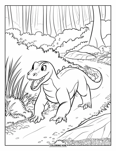 Komodo-Drachen-Ausmalbild für Kinder: Ein Komodo-Drache faucht beim Durchqueren eines nebeligen Waldpfades mit Felsen und Gras