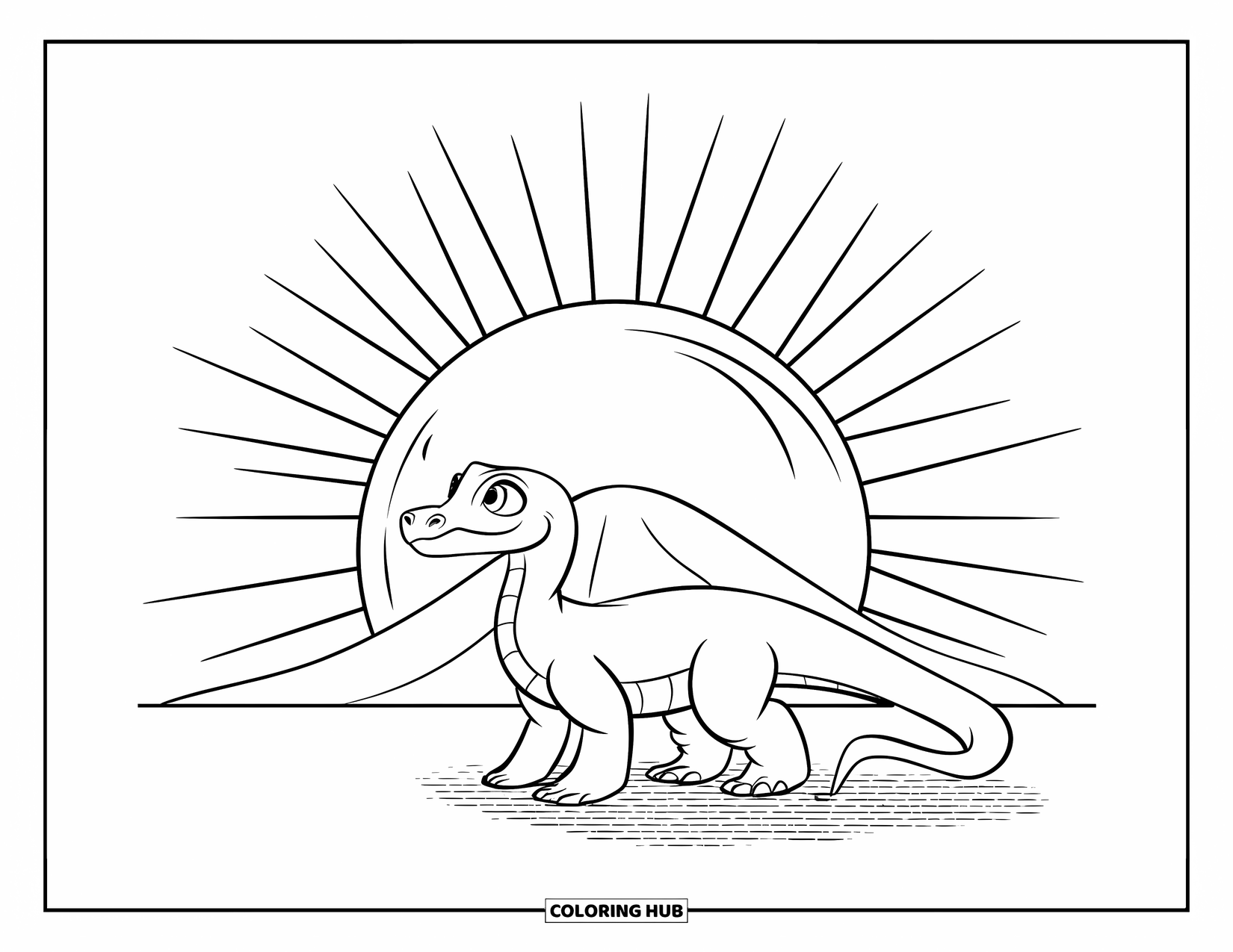 Komodo Dragon Coloring Page for Kids: Komodo dragon stands beside a hill with a big sun overhead