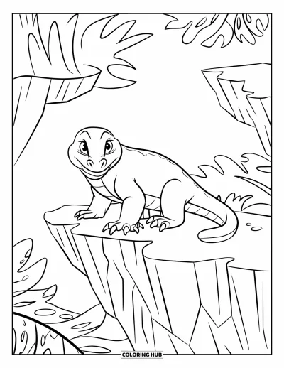 Komodo-Drachen-Ausmalbild für Kinder: Ein Komodo-Drache bleibt wachsam auf einem hohen Felsvorsprung im Dschungel