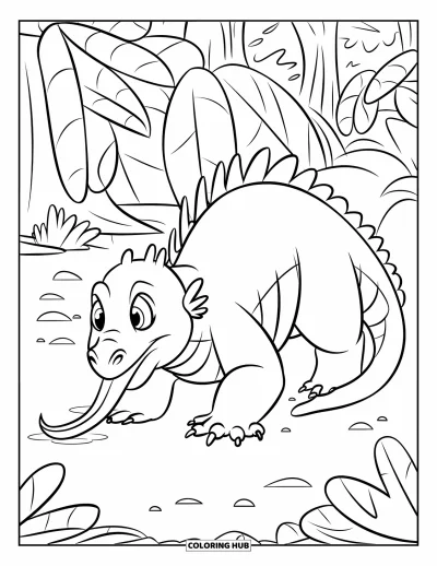 Komodo-Drachen-Ausmalbild für Kinder: Ein Komodo-Drache streckt die Zunge heraus beim Erkunden einer Dschungellichtung