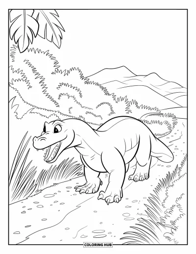 Komodo-Drachen-Ausmalbild für Kinder: Ein Komodo-Drache geht einen belaubten Waldweg entlang mit Bergen in der Ferne
