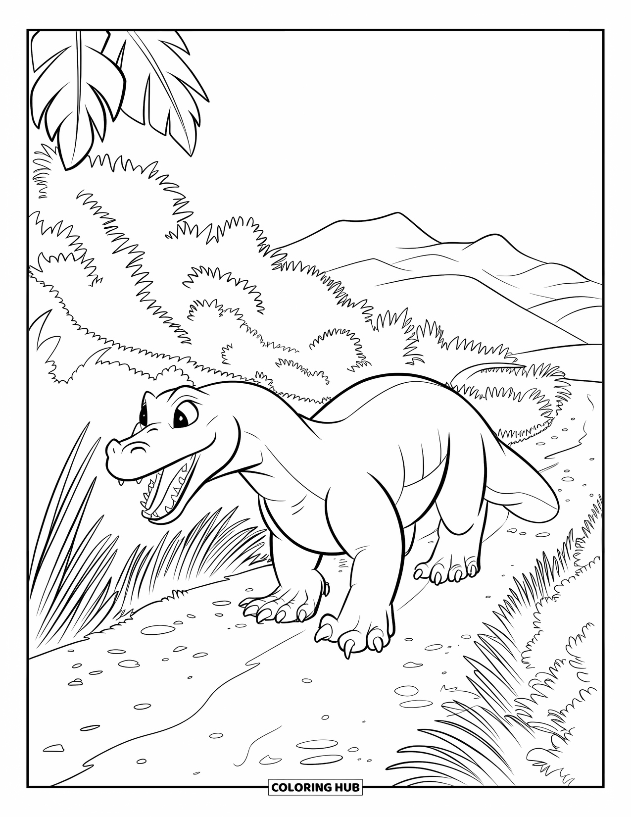 Komodo Dragon Coloring Page for Kids: Komodo dragon walks a leafy forest path with mountains in the distance