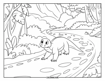 Komodo-Drachen-Ausmalbild für Kinder: Ein Komodo-Drache geht einen gewundenen Pfad entlang neben großen belaubten Bäumen und Bergen