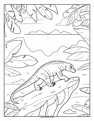 Komodo-Drachen-Ausmalbild für Kinder: Ein Komodo-Drache geht einen felsigen Inselpfad entlang, umgeben von großen Blätterpflanzen
