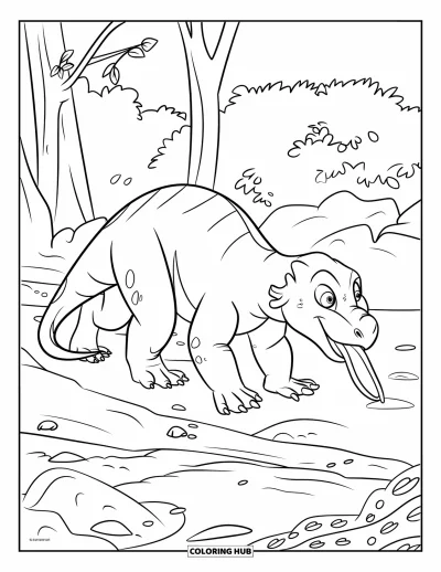 Komodo-Drachen-Ausmalbild für Kinder: Ein Komodo-Drache durchquert eine Dschungellichtung mit herausgestreckter Zunge und schleppendem Schwanz