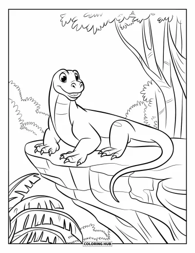 Komodo-Drachen-Ausmalbild für Kinder: Ein Komodo-Drache beobachtet aufmerksam von einem Dschungelfelsvorsprung mit hohen Bäumen