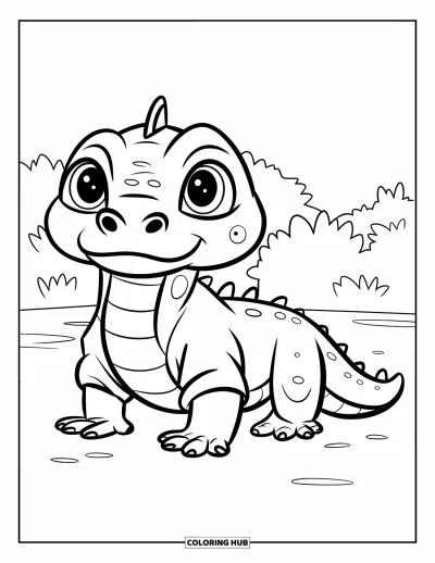 Komodo-Drachen-Ausmalbild für Kinder: Ein Komodo-Drache mit großen Augen und einem Hemd steht neben kleinen Büschen