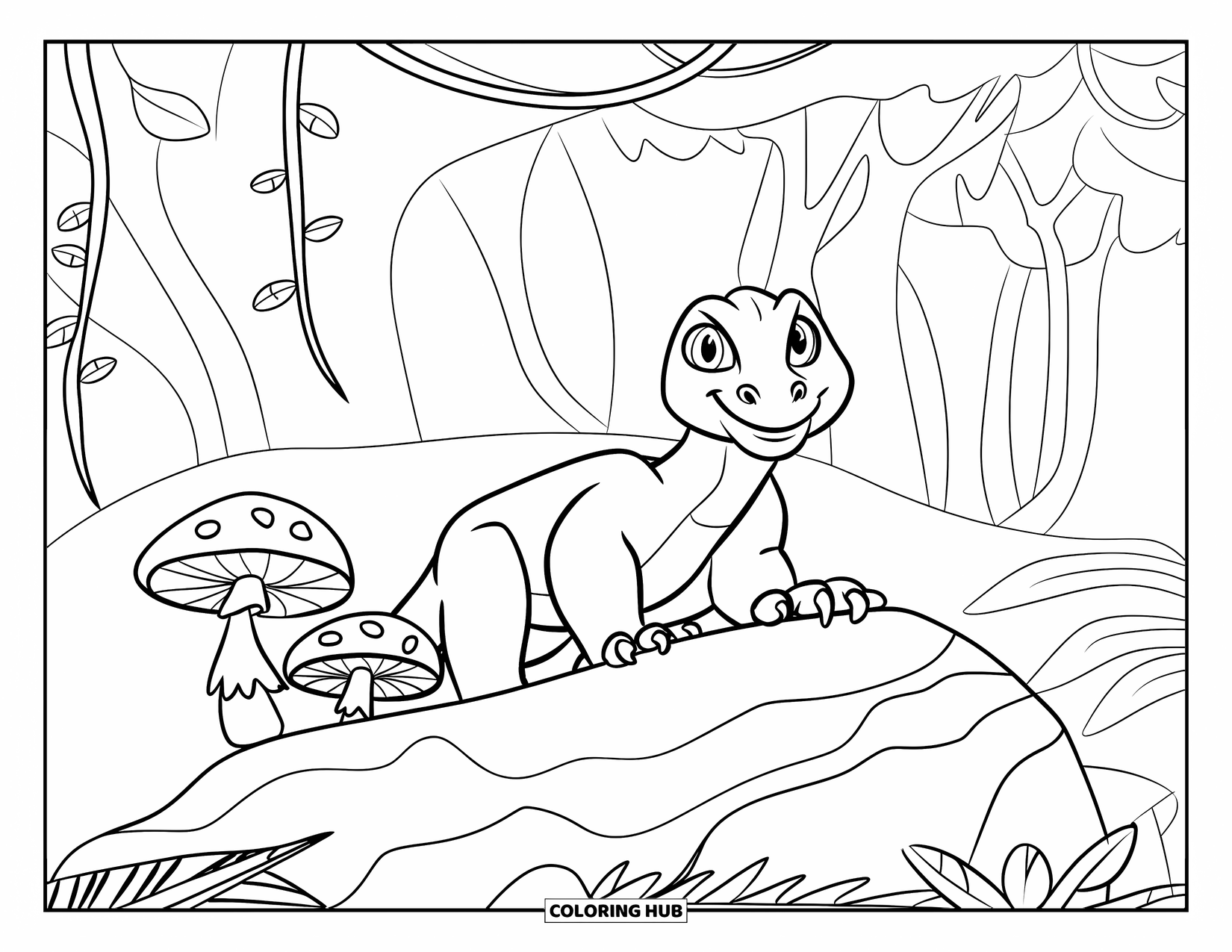 Komodo Dragon Coloring Page for Kids: Komodo dragon with wide eyes rests on a jungle rock with vines and mushrooms