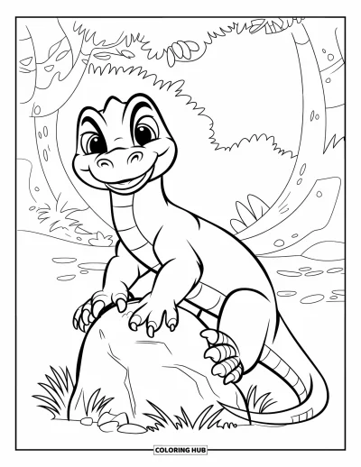 Komodo-Drachen-Ausmalbild für Kinder: Ein lächelnder Komodo-Drache klettert auf einen Felsen im Dschungel