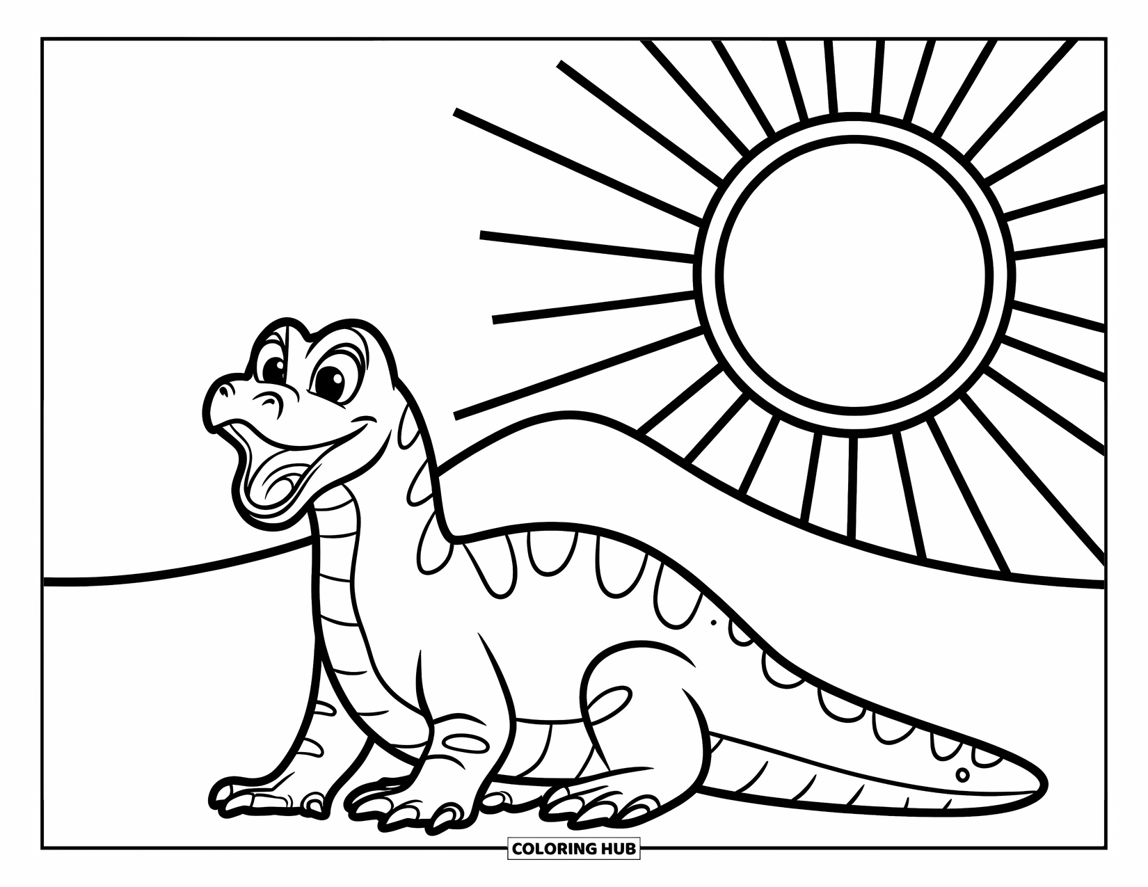 Komodo Dragon Coloring Page for Kids: Smiling Komodo dragon rests beside a small hill and a bright sun