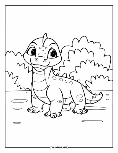 Komodo-Drachen-Ausmalbild für Kinder: Ein großäugiger Komodo-Drache steht auf flachem Boden mit einfachen Büschen ringsum
