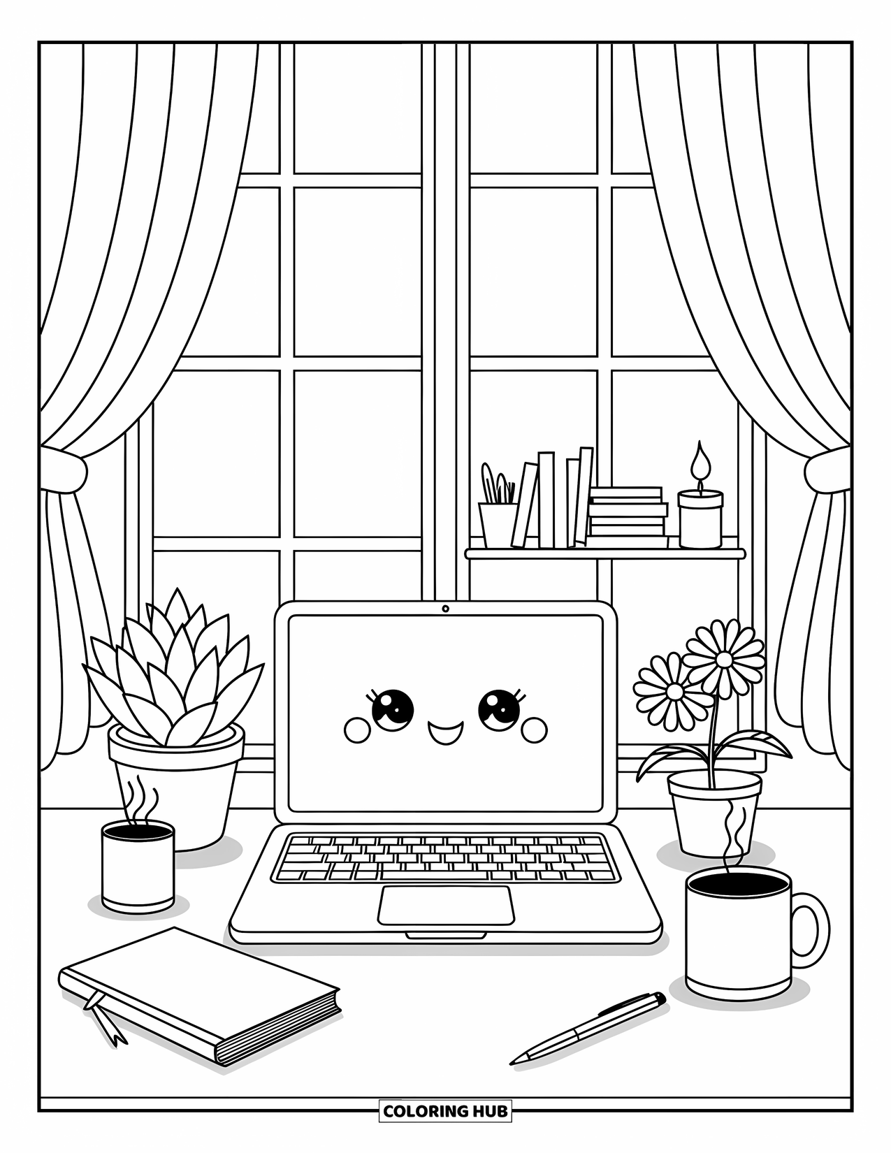 Laptop Coloring Page for Adults: A cozy desk with laptop, plants, books, and sunlight filtering through soft curtains