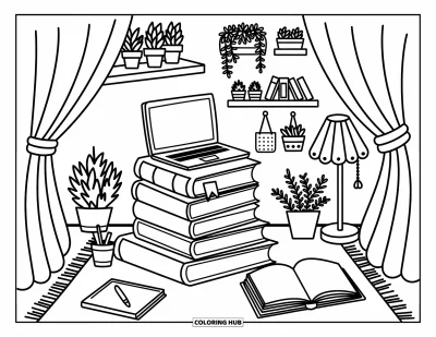 Coloriage de laptop pour adultes : Des livres et des boîtes soutiennent un laptop parmi des plantes, un agenda et une lampe festonnée