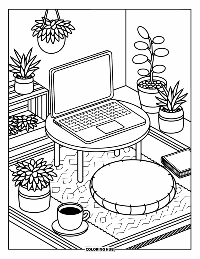 Coloriage de laptop pour adultes : Table basse avec laptop, livre et thé entourés de plantes dans un cadre confortable