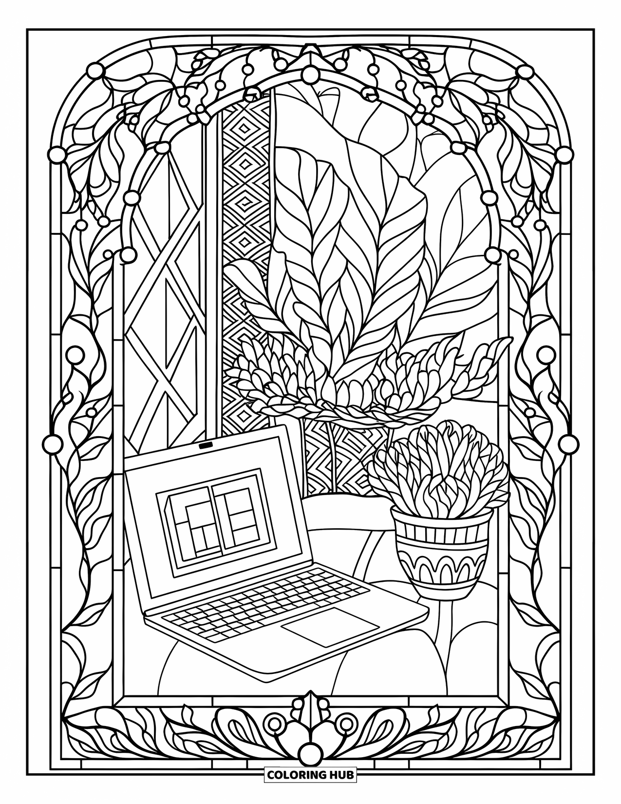 Laptop Coloring Page for Adults: Cozy corner setup with laptop and plants inside stained glass-style patterns
