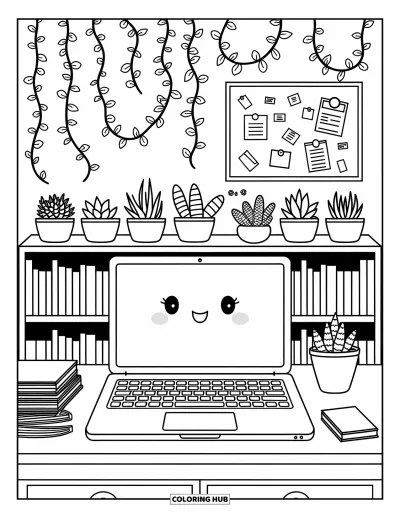 Coloriage de laptop pour adultes : Bureau confortable avec laptop, lianes, succulentes et un tableau de liège couvert de notes