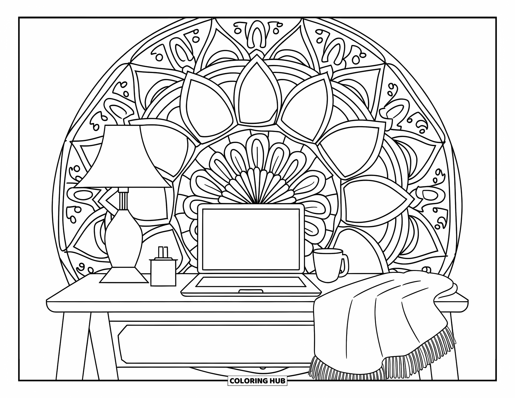 Laptop Coloring Page for Adults: Cozy workspace with laptop and warm details inside a full mandala frame