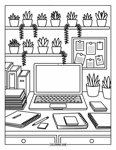 Coloriage de laptop pour adultes : Bureau avec laptop, cahiers et notes autocollantes à côté d'une étagère de succulentes adorables