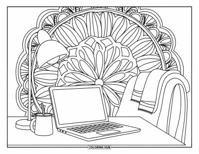 Coloriage de laptop pour adultes : Installation conviviale avec laptop, tasse, couverture et motifs tourbillonnants de mandala