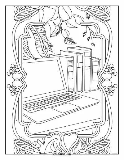 Coloriage de laptop pour adultes : Laptop et livres encadrés par d'élégants motifs de feuilles et des détails décoratifs