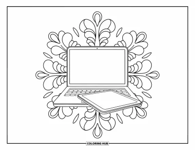 Coloriage de laptop pour adultes : Laptop et tablette graphique entourés de motifs floraux dans une installation apaisante