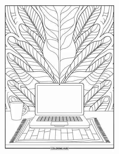 Coloriage de laptop pour adultes : Laptop et tasse dans un espace de travail simple entouré de motifs feuillus