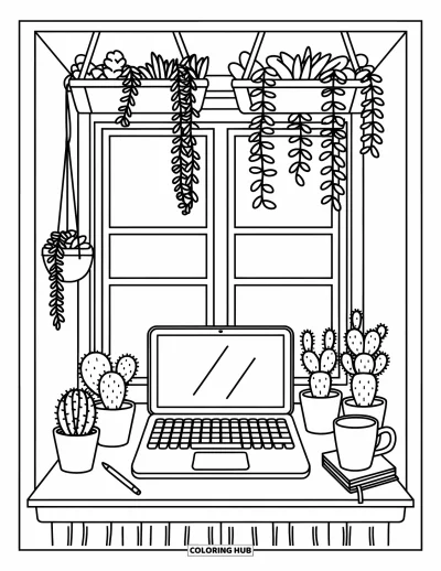 Coloriage de laptop pour adultes : Laptop entouré de cactus et de carnets dans un coin fenêtre confortable