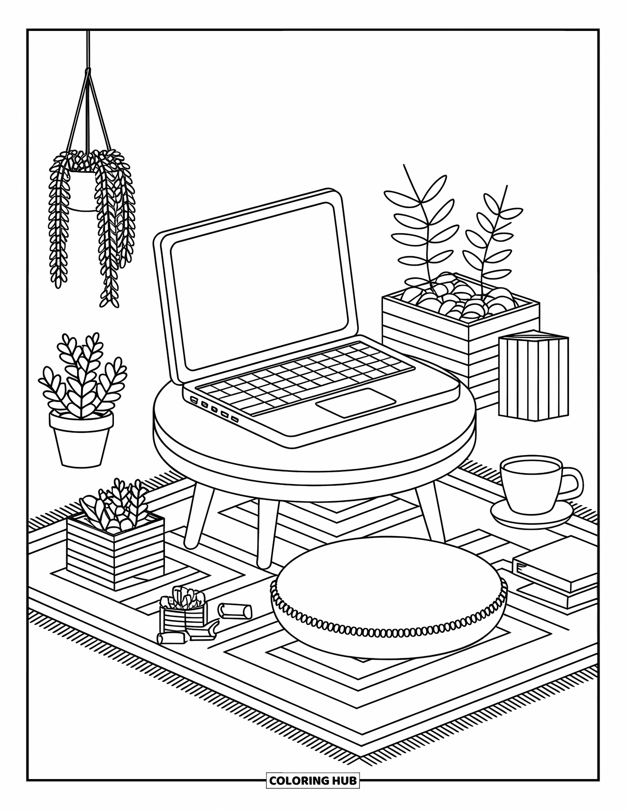 Laptop Coloring Page for Adults: Laptop on a coffee table with tea, book, plants, and a hanging pot nearby