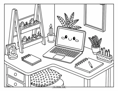 Coloriage de laptop pour adultes : Laptop sur un bureau d'angle avec bougie, cahier et jolies lianes suspendues
