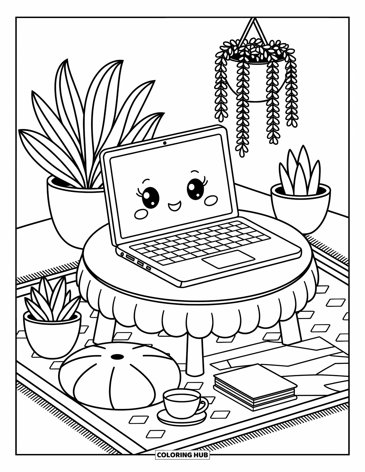 Laptop Coloring Page for Adults: Laptop on a round coffee table with plants, a cushion, and a cozy rug